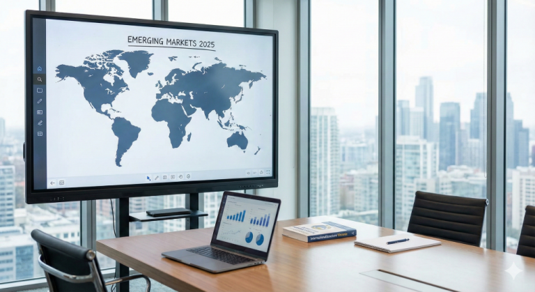 Grafici di analisi mercati esteri e strategia export 2025 su dashboard digitale in ufficio business.