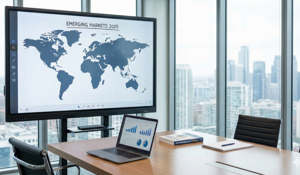 Grafici di analisi mercati esteri e strategia export 2025 su dashboard digitale in ufficio business.